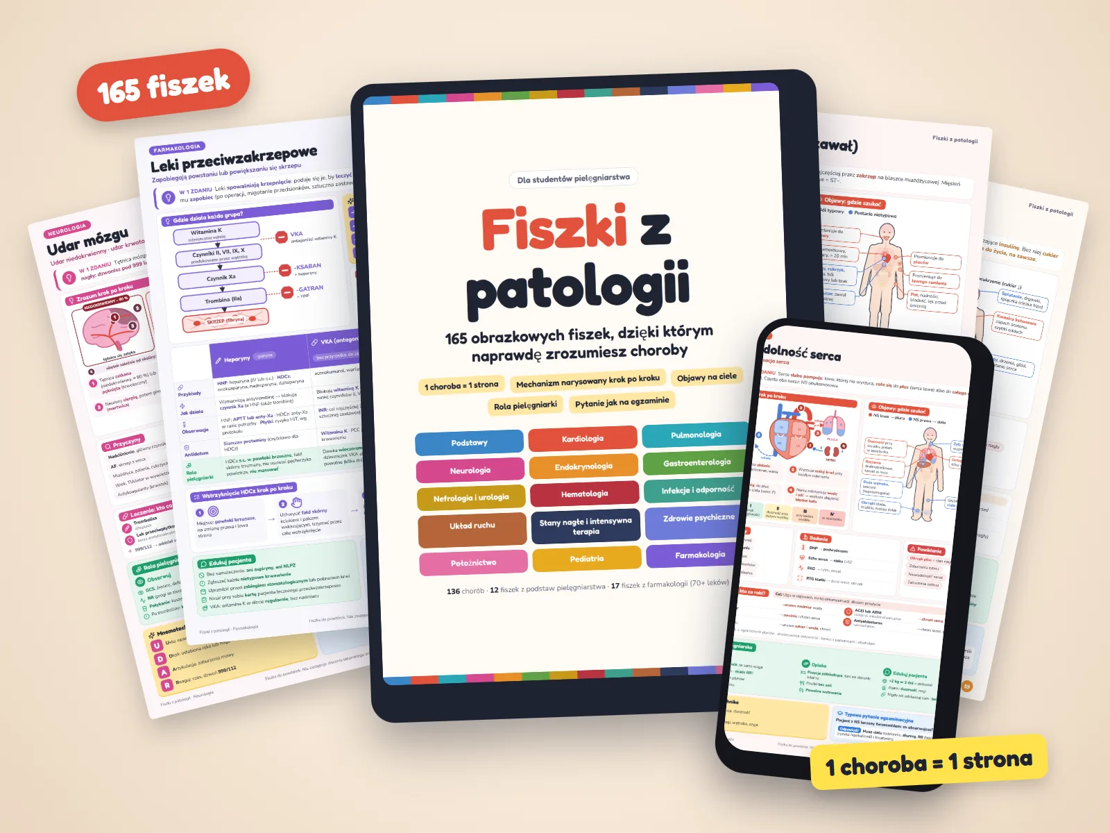 Fiszki z patologii: okładka na tablecie, fiszka na telefonie i kilka fiszek chorób
